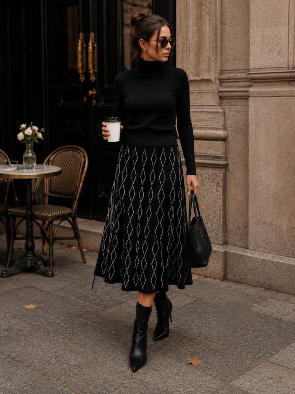 NWT Floral & Ivy Black Midi Skirt with Geometric Knit Pattern